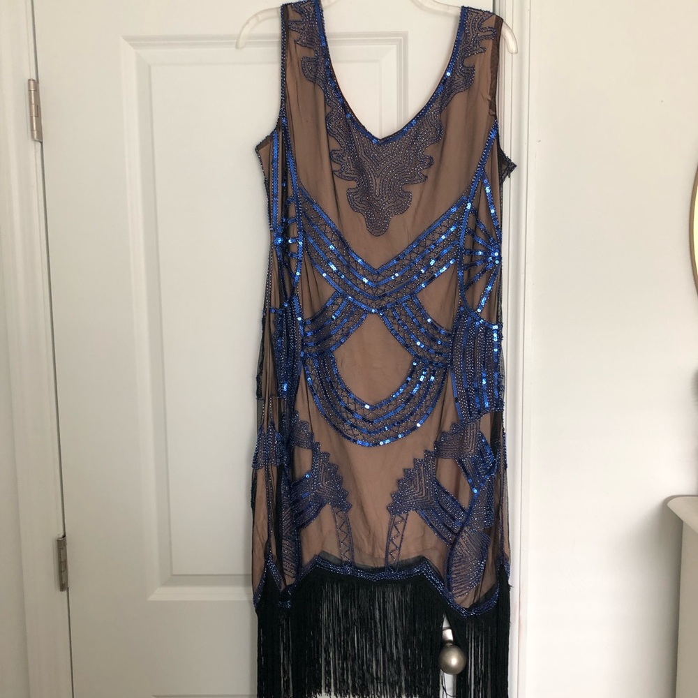 Art Deco Flapper Costume Dress in Nude and Royal Blue